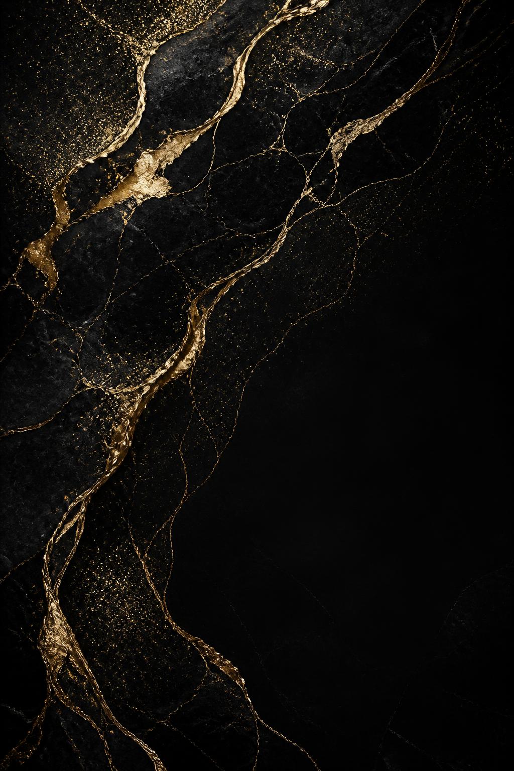 Black marble with sweeping gold veins and fine gold glitter particles