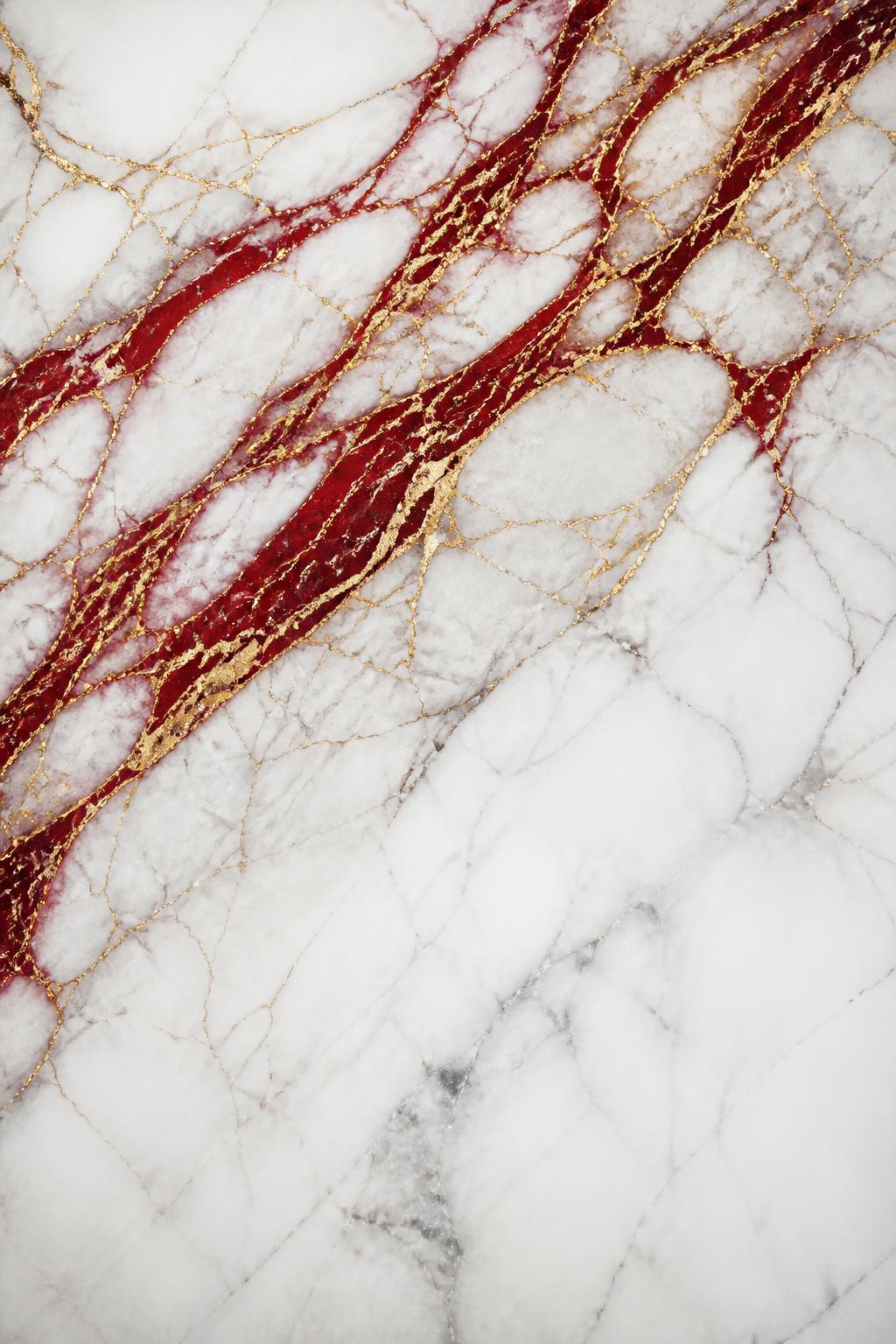 White marble with deep crimson and gold veins flowing diagonally through the stone